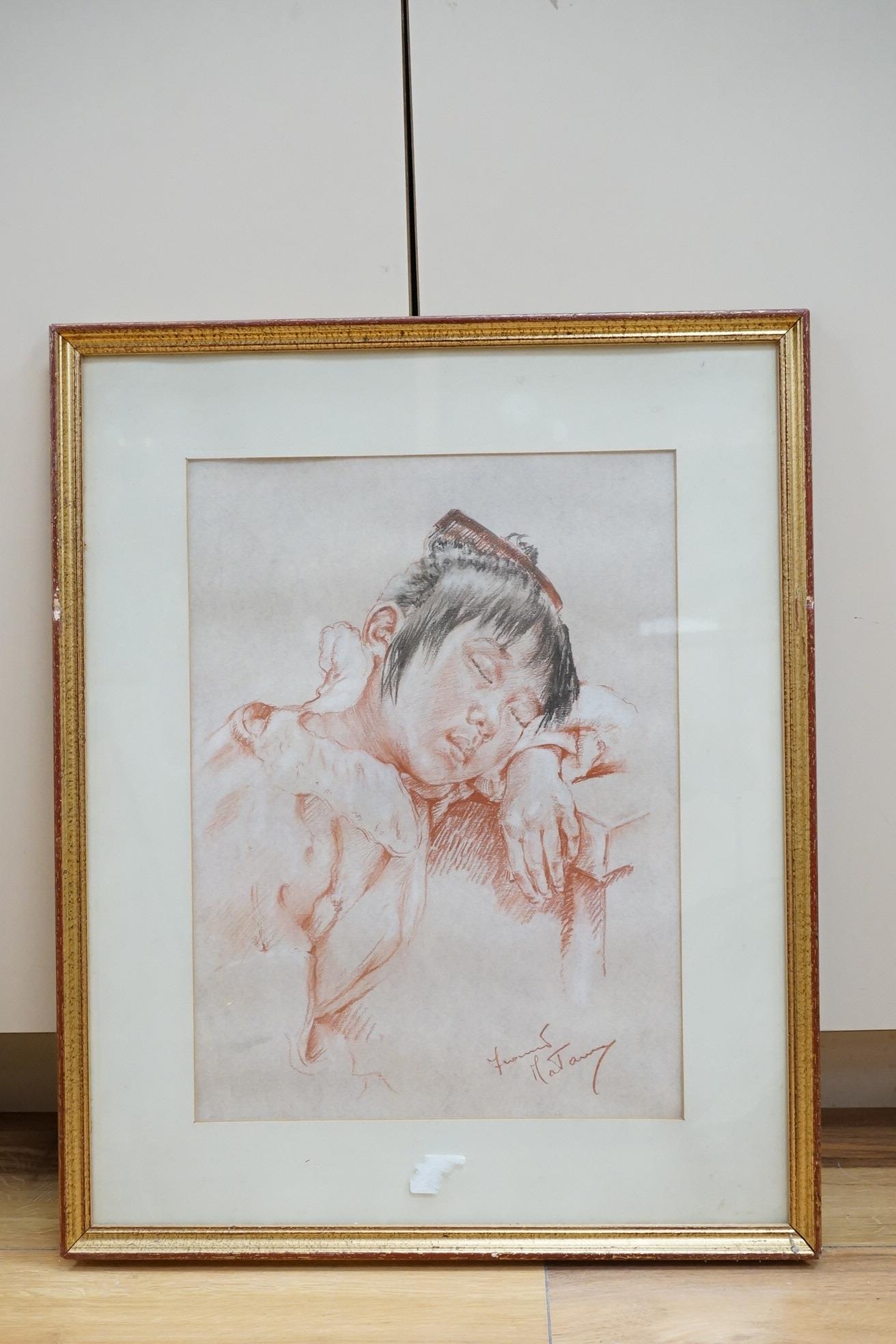 Franco Matania (Italian, 1922-2016), sanguine chalk, study of a sleeping girl, signed, 38 x 28cm. Condition - fair
